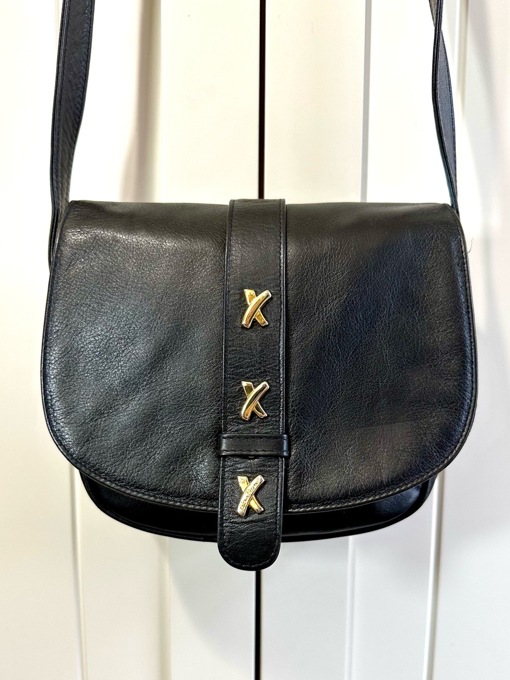 Vintage By Paloma Picasso Black Leather X Collection Saddle Shoulder Bag RARE